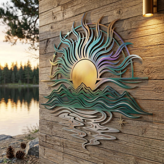Mountain Sunrise Metal Wall Art – Boho Celestial Lake Decor, Gift For Nature Lovers