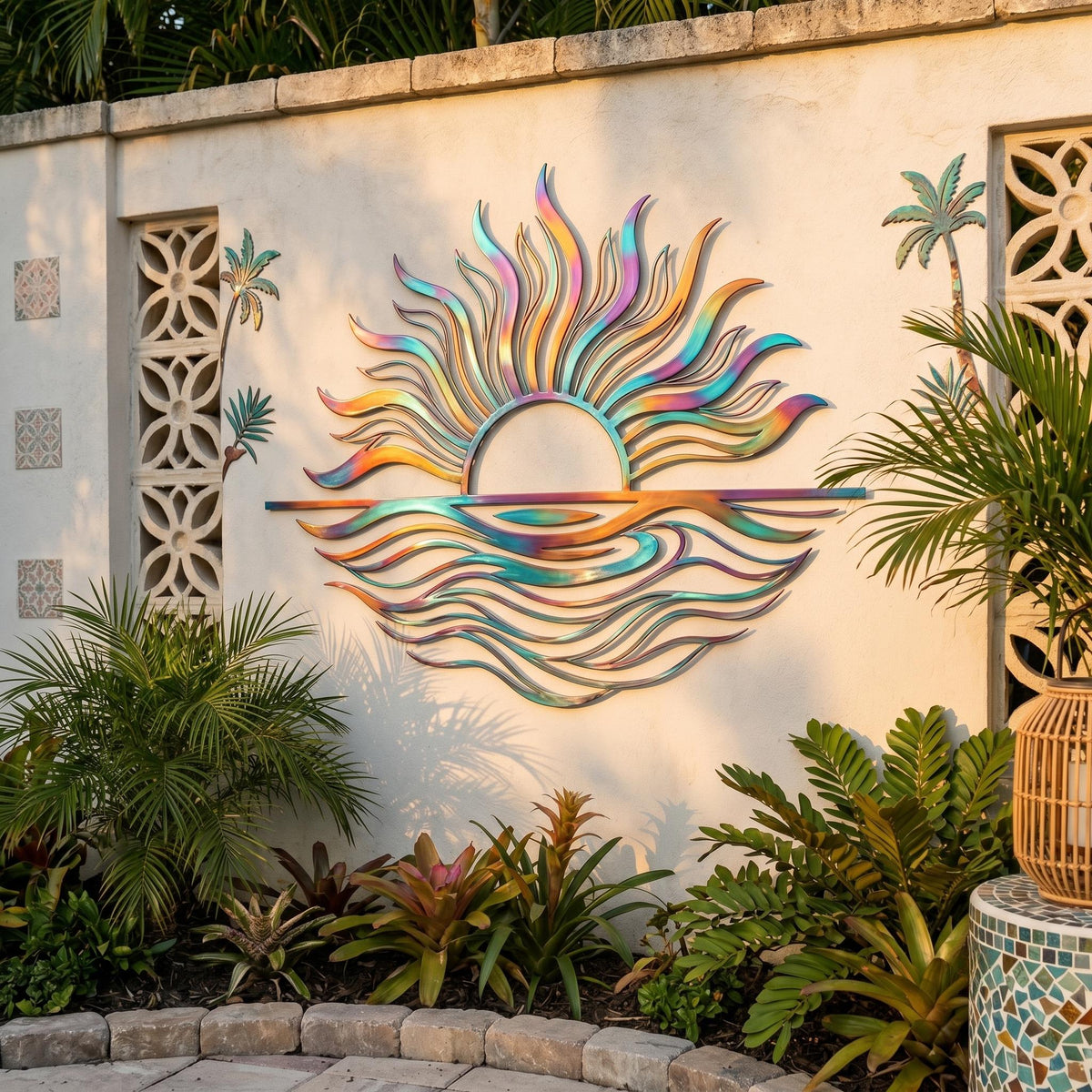 Rainbow Sunset Wave Metal Wall Art – Tropical Coastal Patio Decor, Gift For Beach House Or Poolside