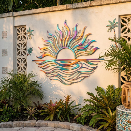 Rainbow Sunset Wave Metal Wall Art – Tropical Coastal Patio Decor, Gift For Beach House Or Poolside
