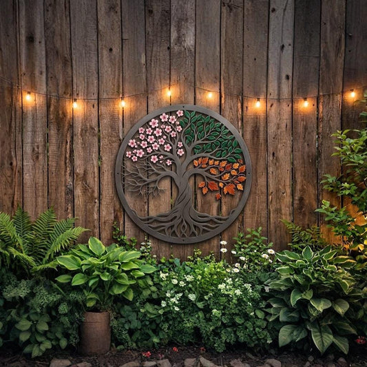 Four Seasons Tree Of Life Metal Wall Art – Colorful Seasonal Round Decor, Gift For Garden Fence Or Rustic Home