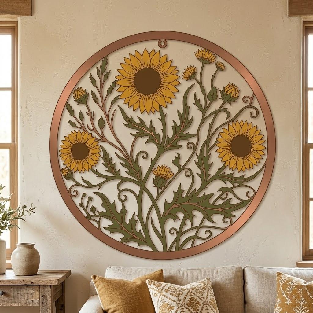 Round Sunflower Metal Wall Art – Botanical Copper Floral Decor, Gift For Garden Or Living Room