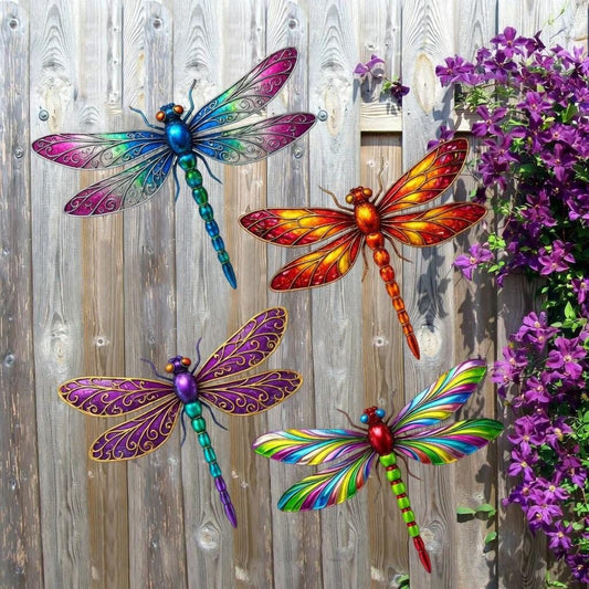 Colorful Dragonfly Metal Wall Art Set – Vibrant Garden Fence Decor, Gift For Dragonfly Lover