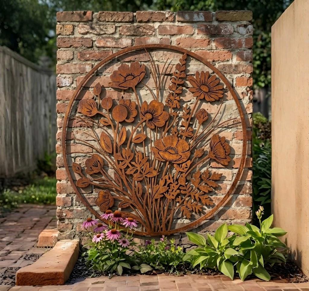 Rusted Wildflower Metal Wall Art – Round Botanical Garden Sign, Gift For Flower Lover