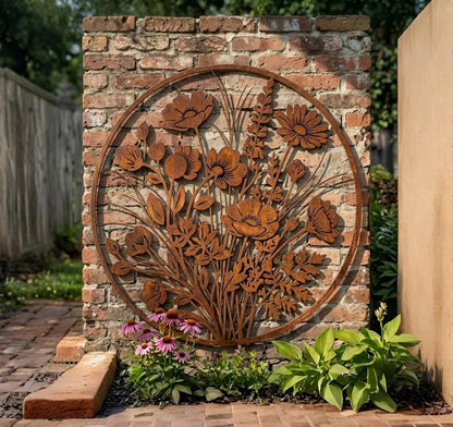 Rusted Wildflower Metal Wall Art – Round Botanical Garden Sign, Gift For Flower Lover