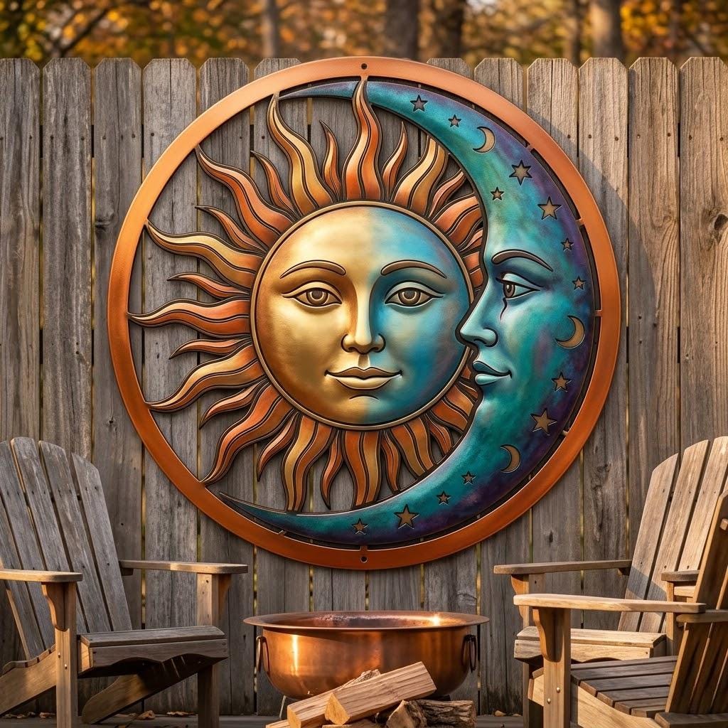 Sun And Moon Metal Wall Art – Celestial Copper Patio Decor, Gift For Boho Home Lover