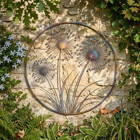 Round Dandelion Flower Metal Wall Art – Iridescent Floral Garden Decor, Gift For Backyard Or Home