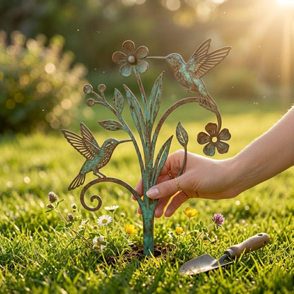 Hummingbird Flower Metal Garden Stake – Rustic Patina Bird Sign, Gift For Cottage Garden Lover