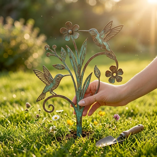 Hummingbird Flower Metal Garden Stake – Rustic Patina Bird Sign, Gift For Cottage Garden Lover