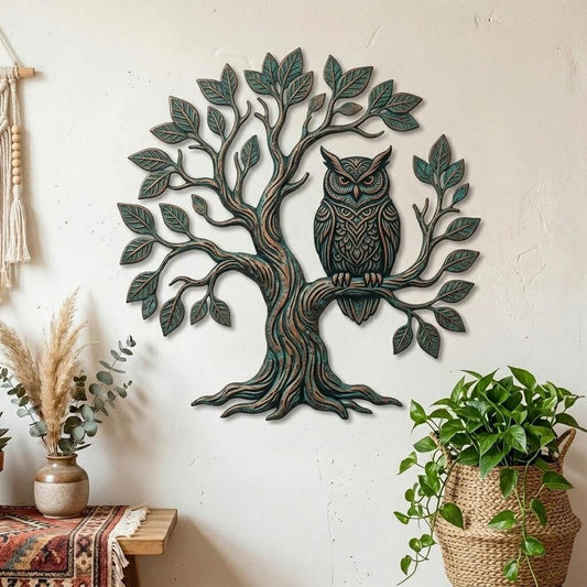 Owl In Tree Of Life Metal Wall Art – Rustic Patina Woodland Branch Decor, Gift For Bird Lover Or Boho Home