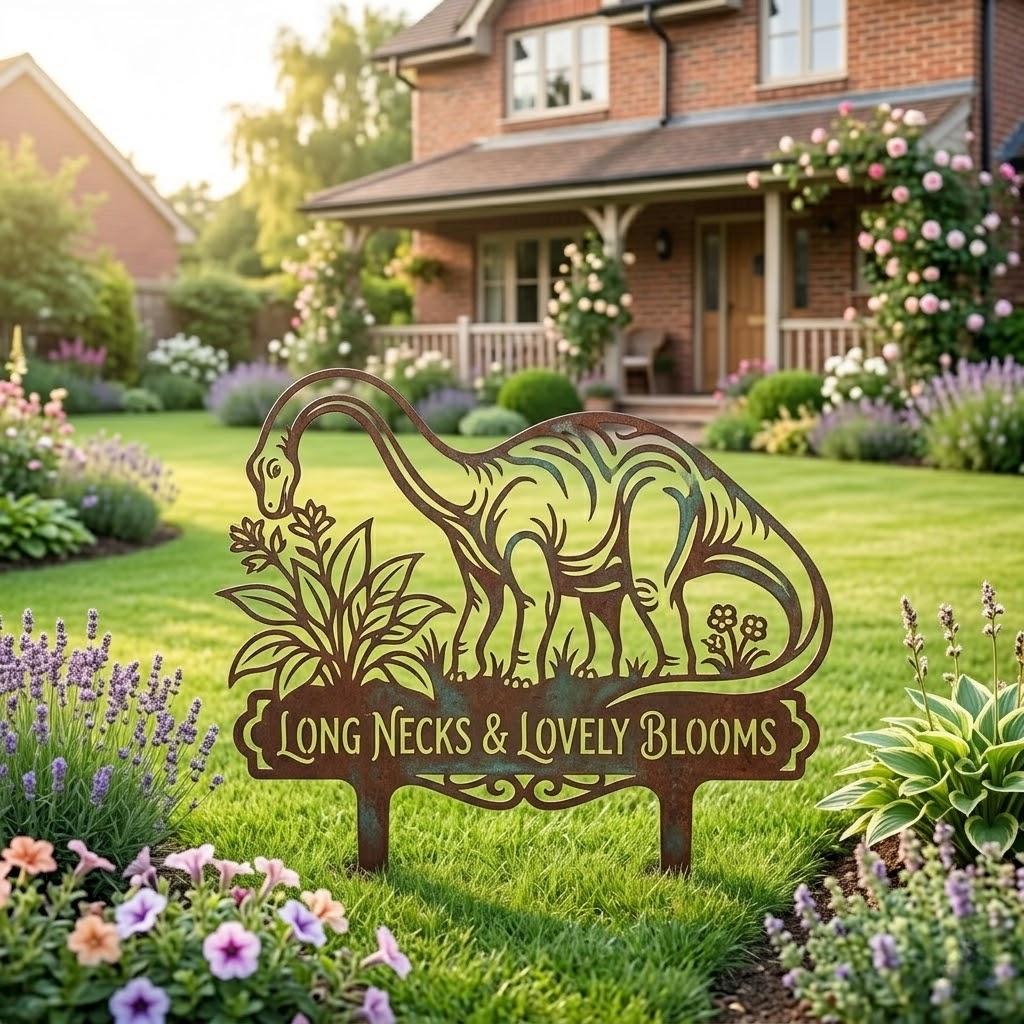 Personalized Dinosaur Garden Sign – Custom Text Brontosaurus Yard Stake, Funny Gift For Gardener