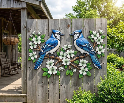 Blue Jay Dogwood Metal Wall Art – Spring Bird Garden Sign, Gift For Bird Lover Or Patio Fence Decor