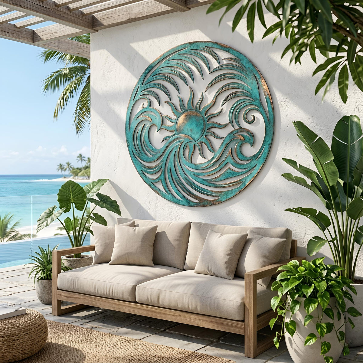 Sun & Waves Round Metal Wall Art – Turquoise Coastal Beach House Decor