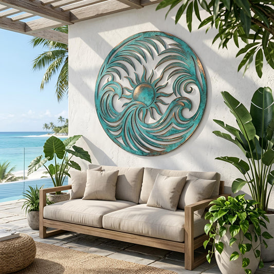 Sun & Waves Round Metal Wall Art – Turquoise Coastal Beach House Decor