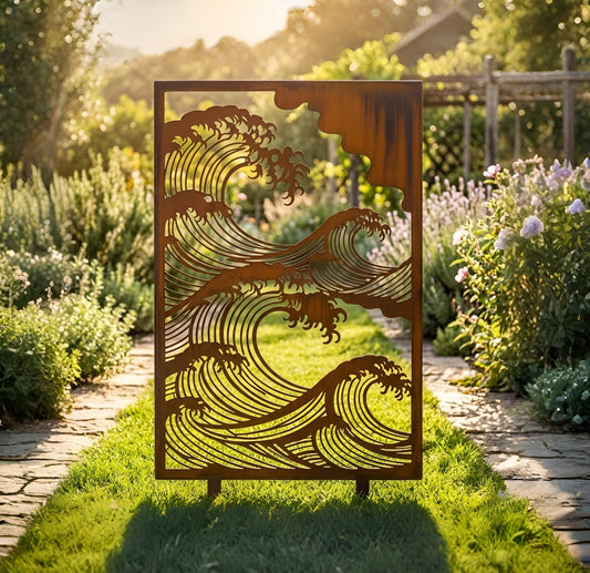 Great Wave Metal Garden Panel, Japanese Wave Art – Rustic Coastal Screen, Gift For Ocean Lover
