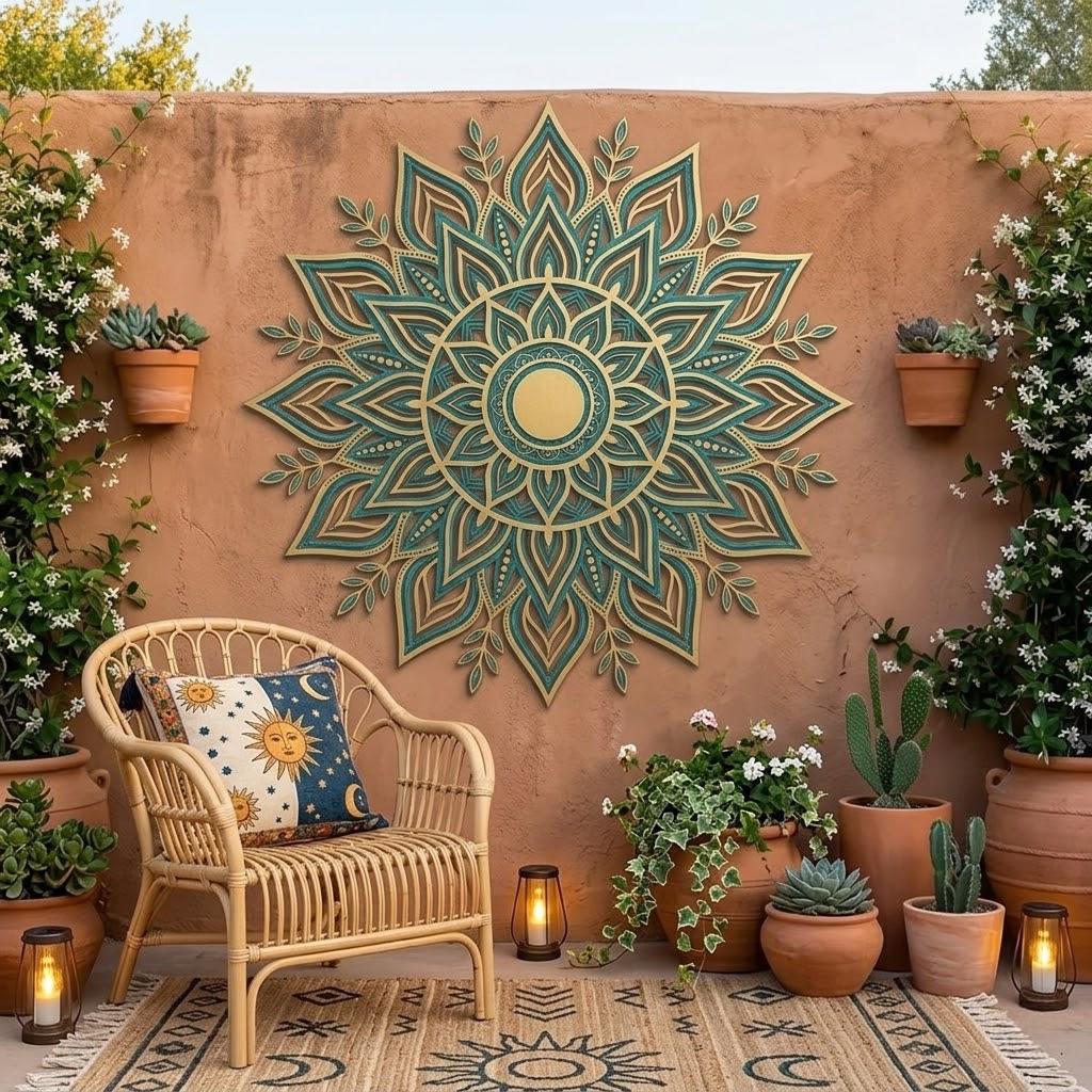 Boho Mandala Flower Metal Wall Art – Teal Gold Sunburst Garden Decor, Gift For Spiritual Or Meditation Home