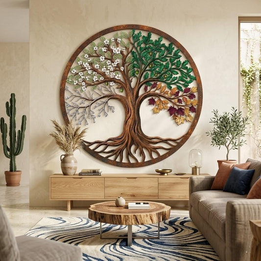 Four Seasons Tree Of Life Metal Wall Art – Colorful Round Nature Sign, Botanical Home Gift