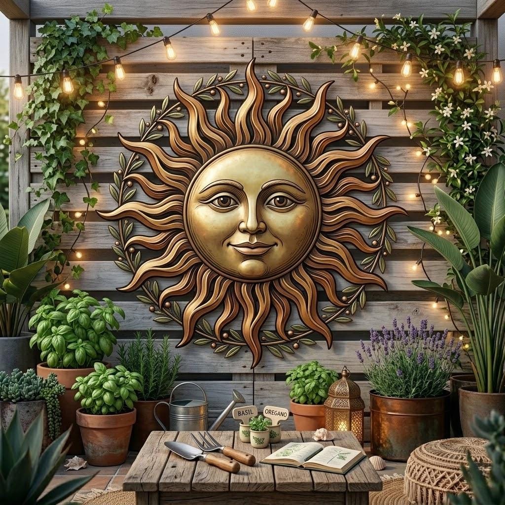 Sun Face Metal Wall Art – Rustic Celestial Garden Decor, Gift For Boho Home Lover