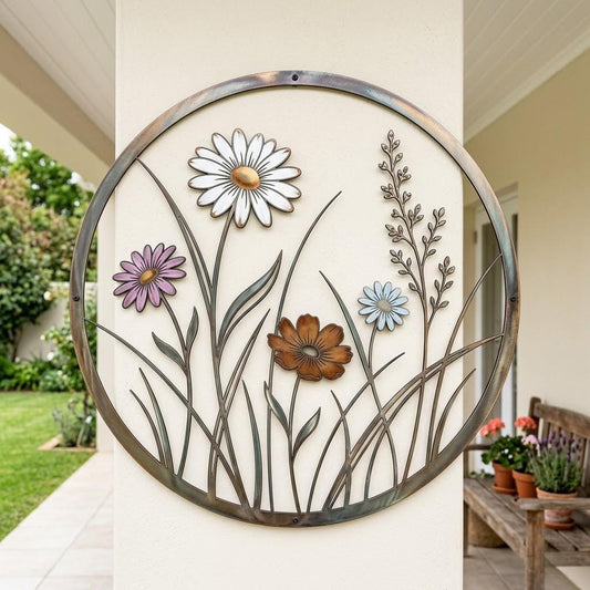 Wildflower Metal Wall Art – Round Daisy Garden Decor, Farmhouse Porch Gift