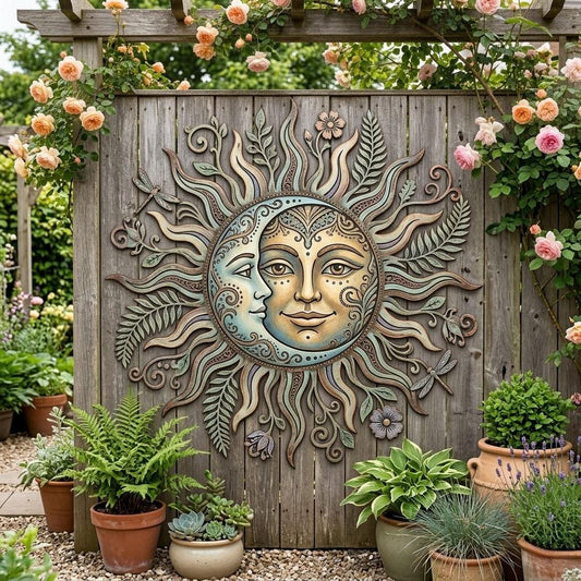 Celestial Sun And Moon Face Metal Wall Art – Boho Garden Fence Sign, Gift For Spiritual Home
