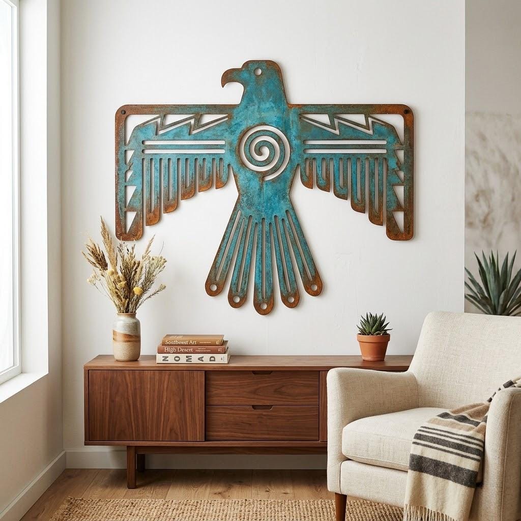 Thunderbird Metal Wall Art – Turquoise Southwestern Tribal Decor, Native Style Gift