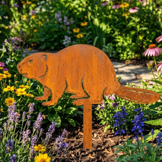 Rusted Metal Beaver Garden Stake – Weathered Yard Art, Gift For Nature Lover