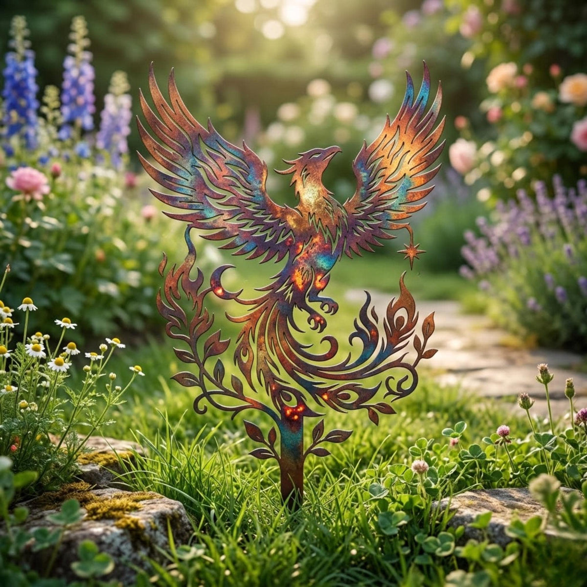 Phoenix Firebird Metal Garden Stake – Colorful Mythical Yard Art, Housewarming Gift