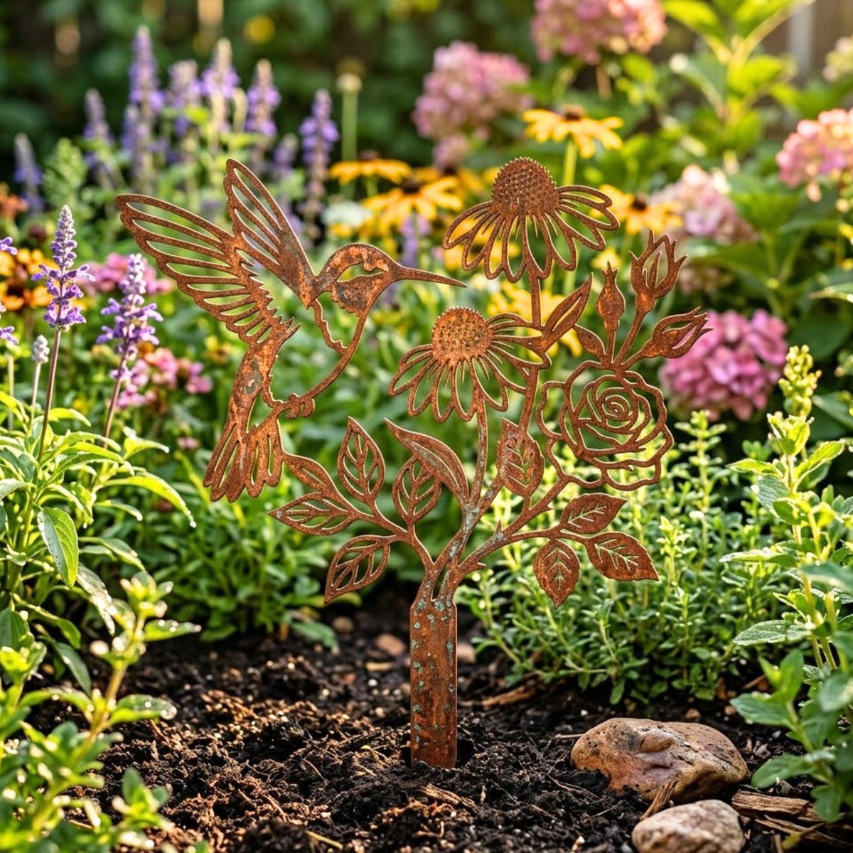 Rusted Hummingbird Metal Garden Stake – Coneflower And Rose Yard Art, Gift For Bird Lover Or Housewarming