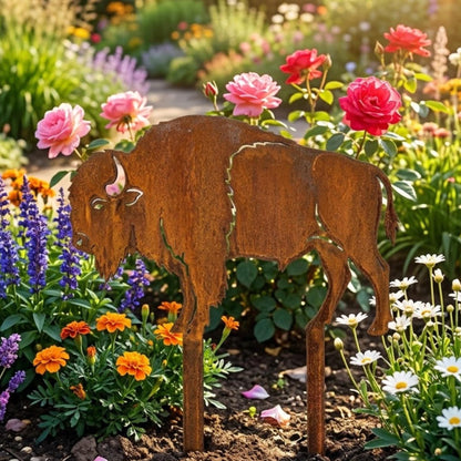 Rusted Bison Metal Garden Stake – Buffalo Yard Art, Gift For Wildlife Lover Or Country Home Decor