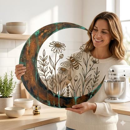 Boho Crescent Moon Bee Metal Wall Art – Rustic Wildflower Garden Decor, Nature Lover Gift