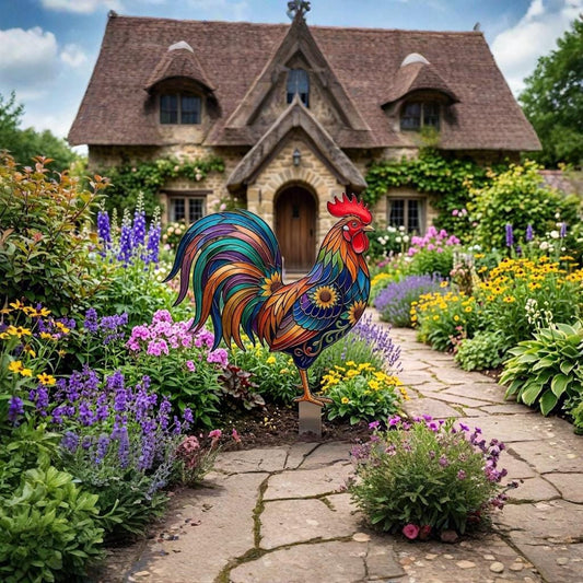 Colorful Rooster Garden Stake – Stained Glass Style Metal Yard Art, Gift For Chicken Lover
