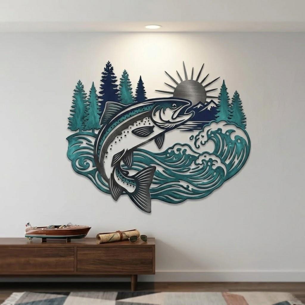 Trout Fishing Metal Wall Art – Rustic River Sunset Lake Scene, Gift For Fisherman Cabin Or Lodge Decor