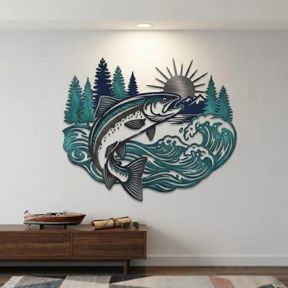 Trout Fishing Metal Wall Art – Rustic River Sunset Lake Scene, Gift For Fisherman Cabin Or Lodge Decor