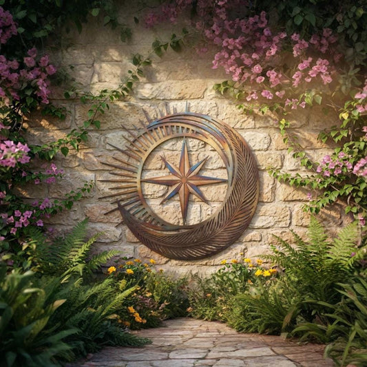 Compass Rose And Crescent Moon Metal Wall Art – Celestial Nautical Star Decor, Gift For Boho Garden Or Patio Wall