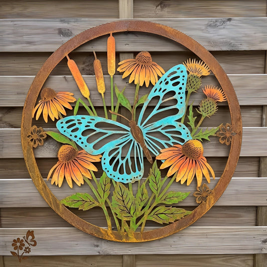 Butterfly Metal Wall Art – Rustic Circle Coneflower Wildflower Garden Decor, Gift For Butterfly Lover