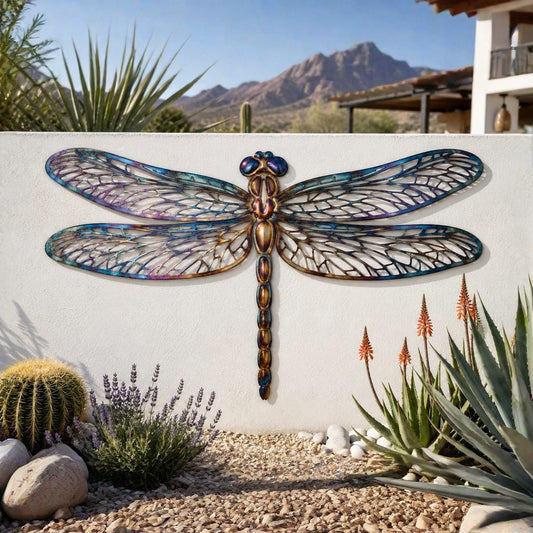 Iridescent Dragonfly Metal Wall Art – Filigree Desert Patio Decor, Gift For Nature Or Dragonfly Lover