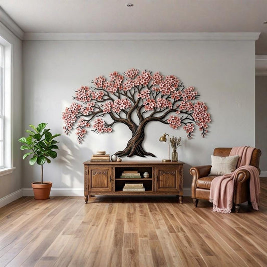 Cherry Blossom Tree Metal Wall Art – Large Pink Floral Wall Sculpture, Gift For Living Room Or Nature Lover