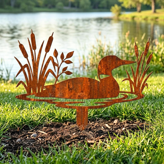 Rusted Metal Loon Garden Stake – Cattail Pond Yard Art, Gift For Nature Lover