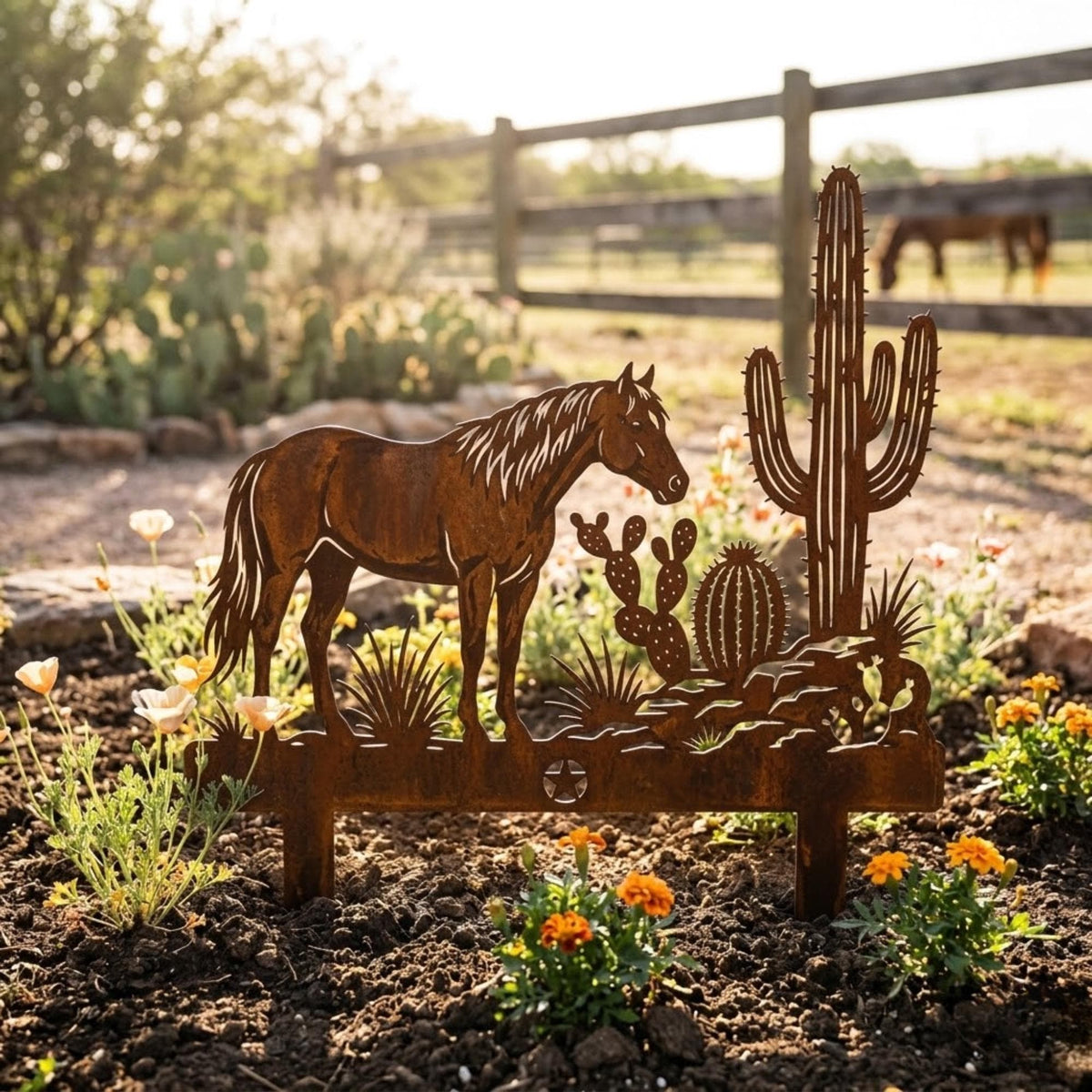 Rusted Horse Metal Wall Art – Western Desert Cactus Sign, Gift For Equestrian Lover