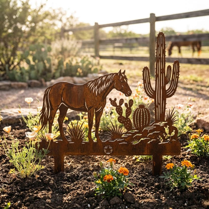 Rusted Horse Metal Wall Art – Western Desert Cactus Sign, Gift For Equestrian Lover