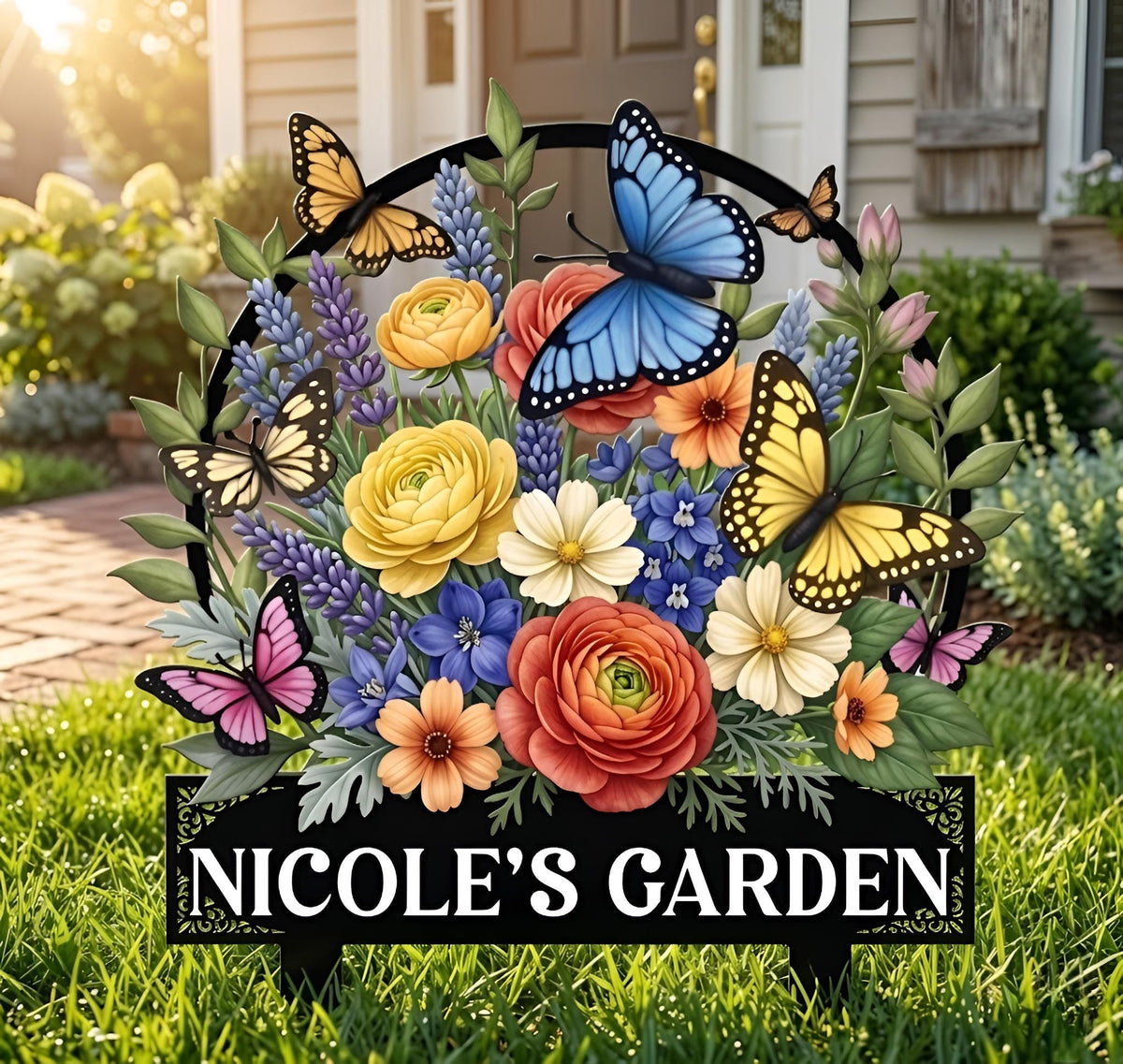 Personalized Garden Metal Yard Stake – Custom Name Butterfly And Floral Sign, Gift For Gardener Or Mom