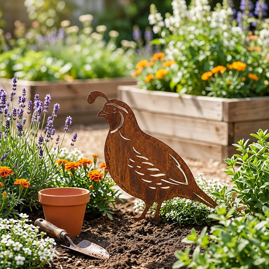 California Quail Rusted Metal Garden Stake – Outdoor Bird Yard Art, Gardener Gift