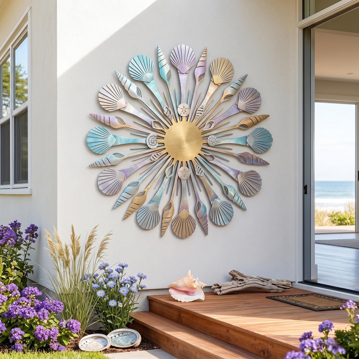 Seashell Sunburst Metal Wall Art – Iridescent Coastal Beach House Decor