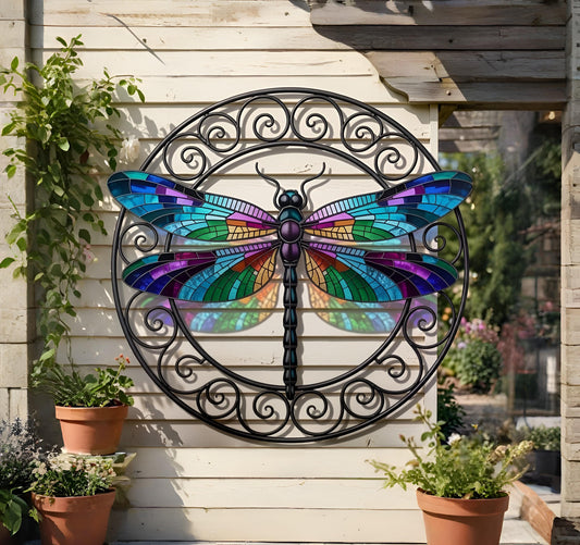 Stained Glass Dragonfly Metal Wall Art – Colorful Scroll Circle Garden Decor, Gift For Dragonfly Lover