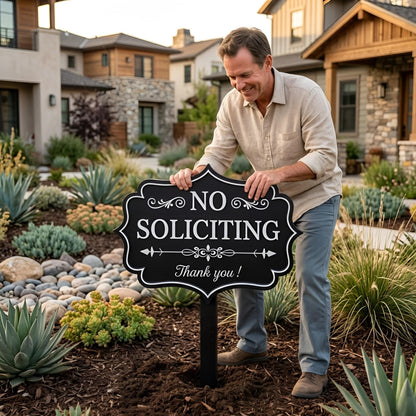 No Soliciting Metal Yard Sign – Decorative Front Lawn Privacy Stake, Gift For Homeowner Or New House Entryway