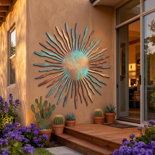 Southwest Sunburst Metal Wall Art – Tribal Pattern Desert Decor, Gift For Boho Patio Or Home