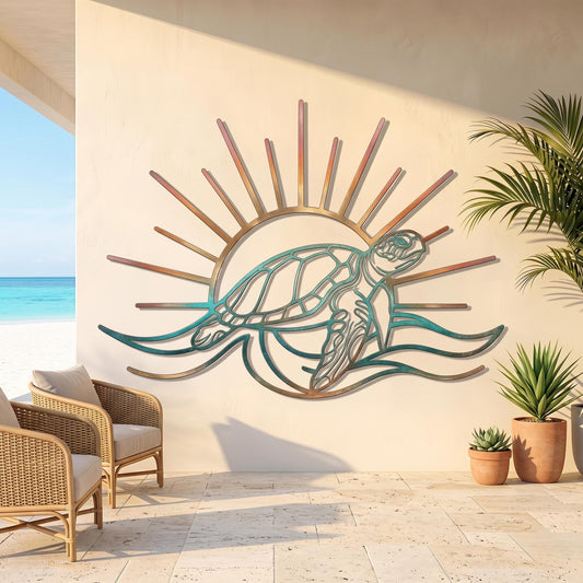 Sea Turtle Sunburst Metal Wall Art – Ombre Coastal Beach House Decor, Ocean Lover Gift