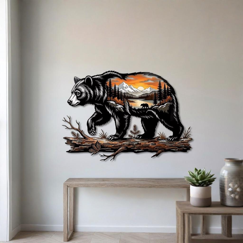 Black Bear Mountain Scene Metal Wall Art – Wildlife Cabin Lodge Decor, Gift For Bear Lover