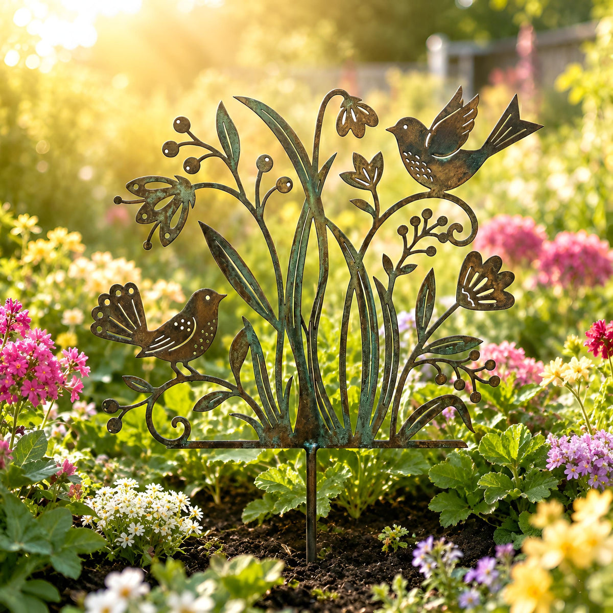 Birds And Wildflower Metal Garden Stake – Rustic Patina Yard Art Sculpture, Gift For Bird Lover Or Flower Bed