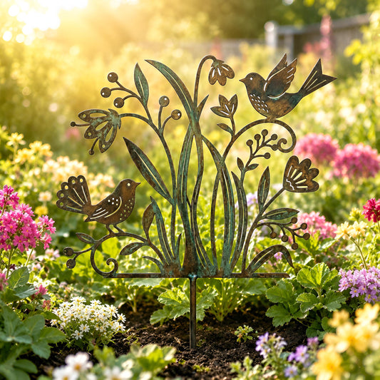 Birds And Wildflower Metal Garden Stake – Rustic Patina Yard Art Sculpture, Gift For Bird Lover Or Flower Bed