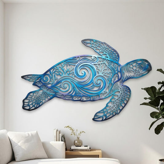 Sea Turtle Metal Wall Art – Blue Wave Coastal Sculpture, Beach House Gift